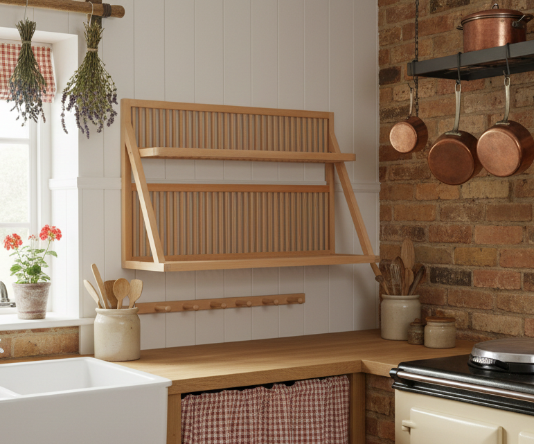 A wall mounted plate rack sits beside the sink in a traditional country setting. Utensils sit in a pot and a peg rail is located underneath. 
