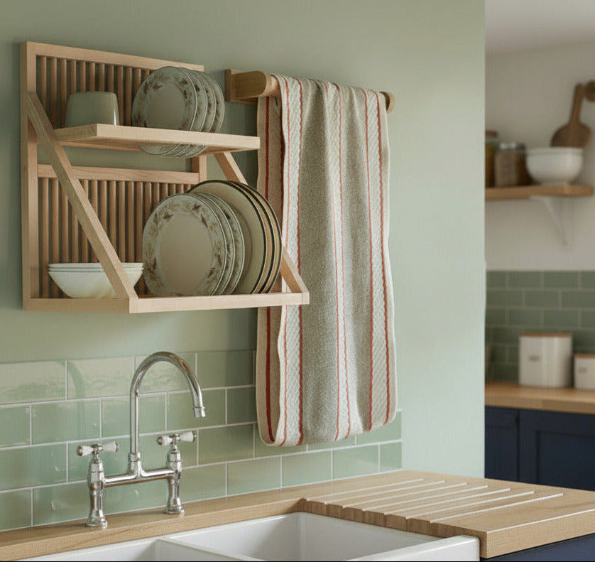 A kitchen sink with a wooden dish rack mounted above. Dry plates are placed on the rack, with a stripped red roller towel next to it. 
