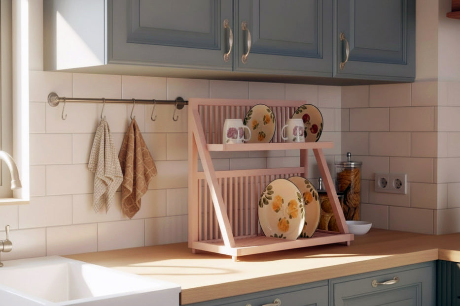 A wooden counter top plate rack being used to store plates in a traditional country setting. There is a sink to the left and a towel rail next to it to help dry up the plates.
